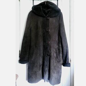 Spanish Merino Original Shearling Sheepskin Hooded Wool Fur Coat Brown Women's L